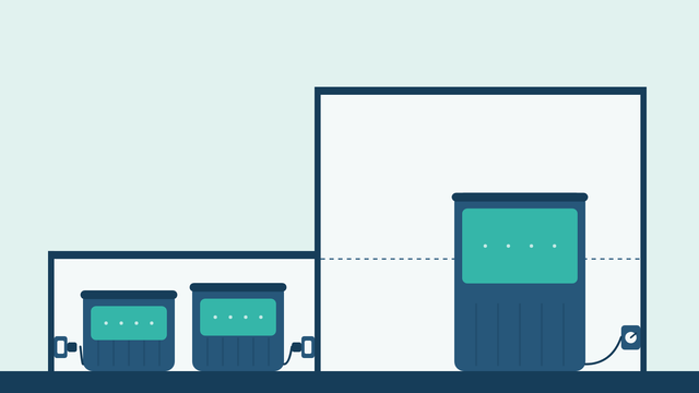 Two rooms in section: a low-ceilinged room holding two small hot tubs beside plug sockets, and a tall room holding one tall hot tub wired to an isolator, showing that bigger tubs need the 32 amp supply