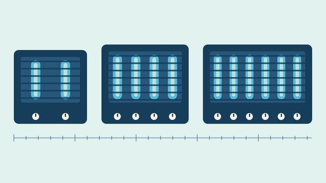 Three gas BBQ grills seen from above and drawn to scale: a 2 burner, a 4 burner and a 6 burner, each with its burner bars under the grates and a control knob for each burner