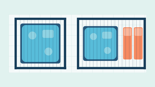Plan view drawn to scale of a 3 x 3m louvred pergola over a square hot tub, and a 4 x 3m louvred pergola over a hot tub with two loungers beside it