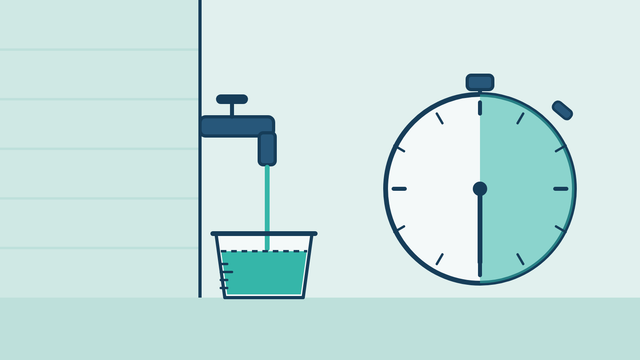 An outside tap filling a bucket beside a stopwatch dial set to half a minute