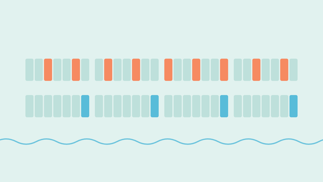 Two strips of the same four weeks, one cell for each day: the top strip marks a water change every third day in coral, and the bottom strip marks one every seventh day in blue