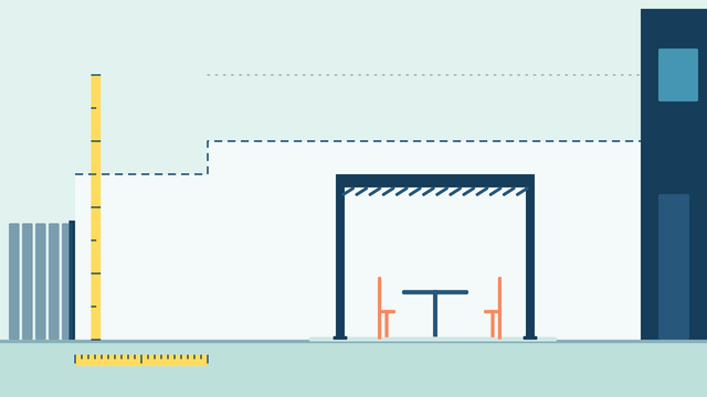 Side view of a garden drawn to scale showing the planning height limits stepping from 2.5 metres near the fence to 3 metres further in, with a 2.5 metre louvred pergola standing inside them