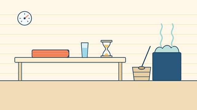 A sauna bench with a folded seat towel, a glass of water and a sand timer beside a wooden bucket, ladle and heater