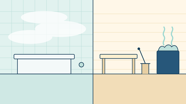 A tiled steam room full of mist beside a timber sauna with a heater, stones and a ladle