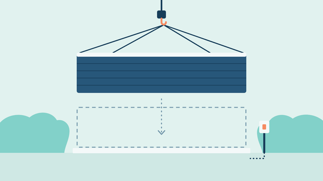 Illustration of a swim spa being lowered by crane onto a level base in a garden, with its power supply ready beside it