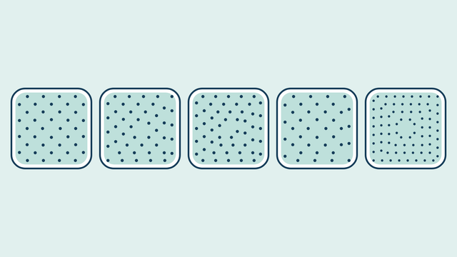 Five hot tubs seen from above in a row, each covered in dots for its jets, with the dots getting denser from left to right