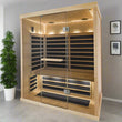 Load image into Gallery viewer, A roomy Tylö T825H infrared sauna designed for three people, featuring clear Hemlock wooden construction and equipped with infrared panels, LED lighting, and a touchscreen control panel.
