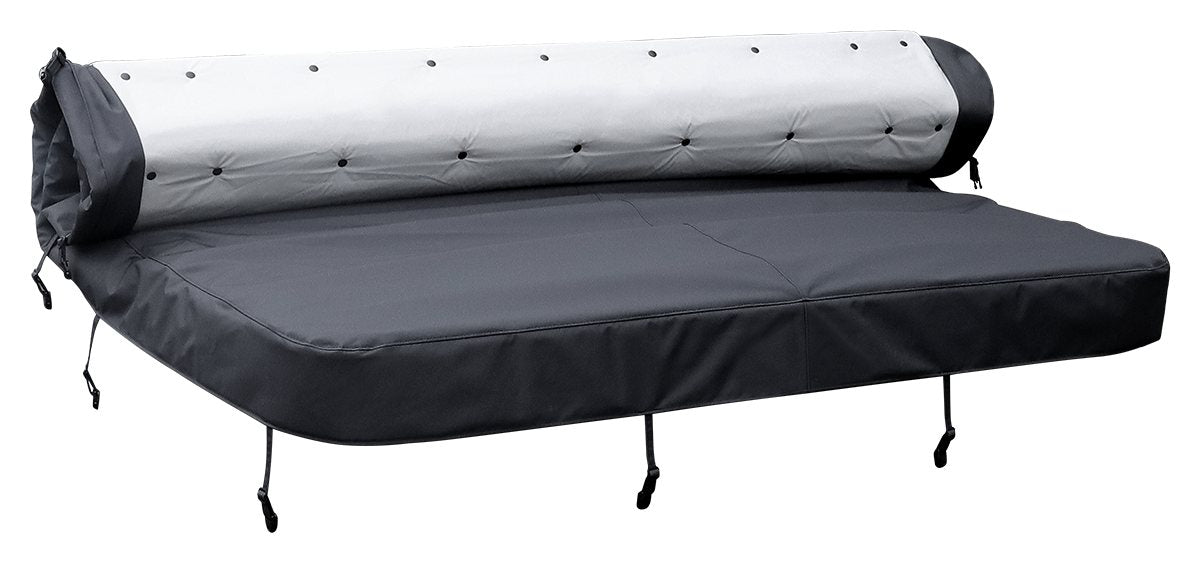 The roller cover partly rolled back from the swim spa