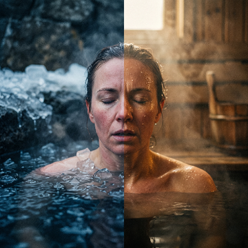A woman's face split between icy water on one side and a steamy sauna on the other, showing cold and heat
