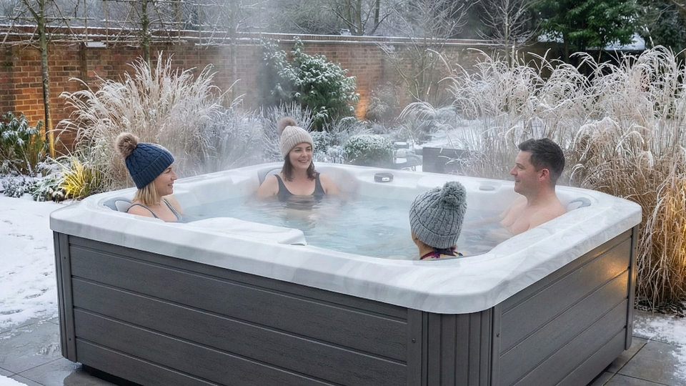 Four people using an Outdoor Living Comfort hot tub in a winter garden.