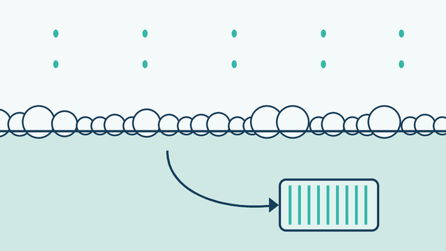 Water surface with a crest of foam, six drops arriving from above and an arrow sinking them to the filter
