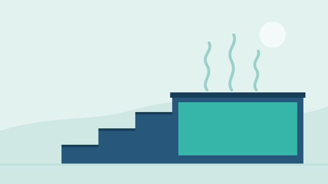 Three steps rising to a cut-away hot tub full of teal water, with steam under a pale moon at dusk