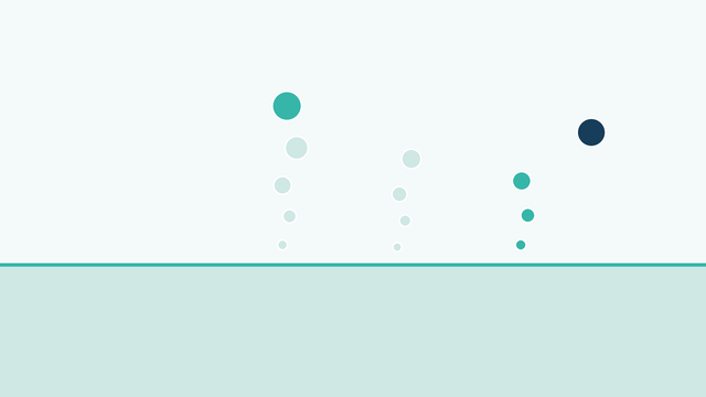 Oxygen bubbles rising from the water line, growing as they lift, with one dark accent bubble at the top
