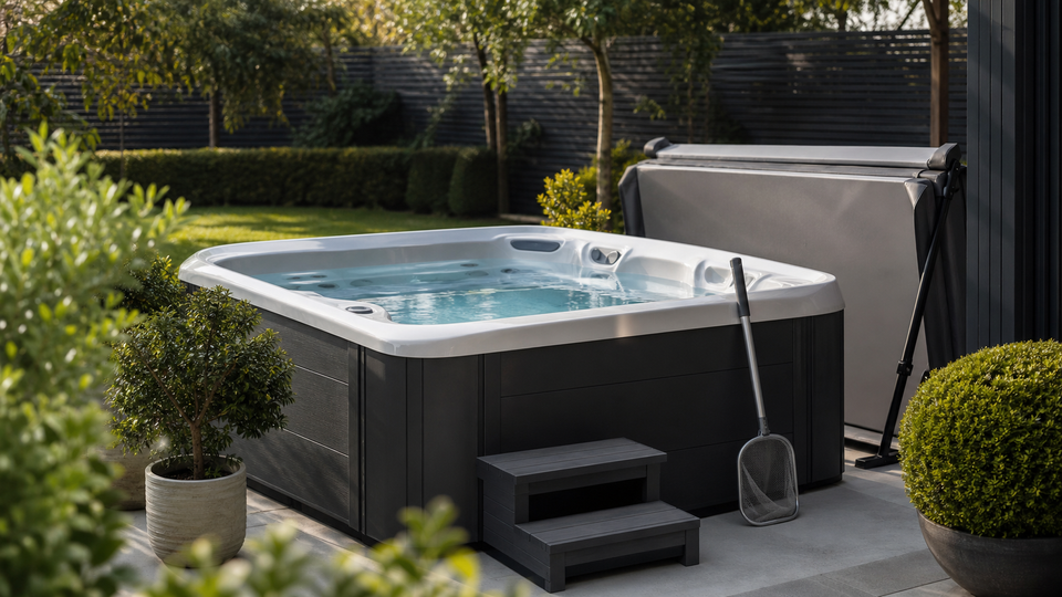 A clean black hot tub in a planted garden with a skimmer net beside it, illustrating a practical water-care reset.