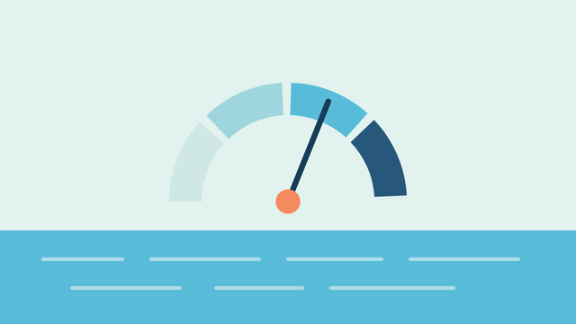 Illustration of a dial above the water showing a swim spa current turned up from off towards full power