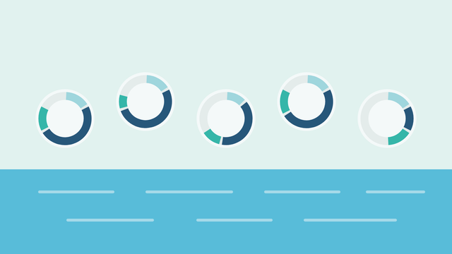 Illustration of five session timers above the water, one for each swim spa workout, split into warm-up, main set and cool-down