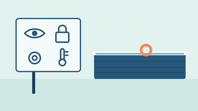 Illustration of a house rules board beside a swim spa with a float ring, with symbols for watching, locking the cover, floating and temperature