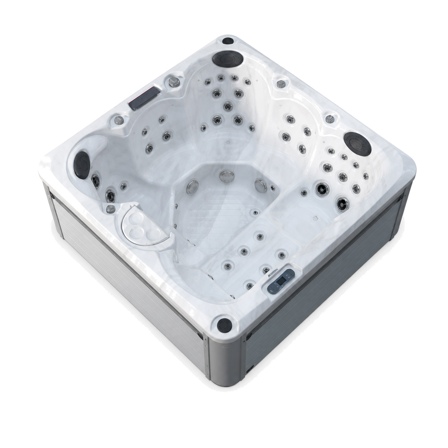 Outdoor Living Haven hot tub in Silver Marble with a Light Grey cabinet - three-quarter exterior view