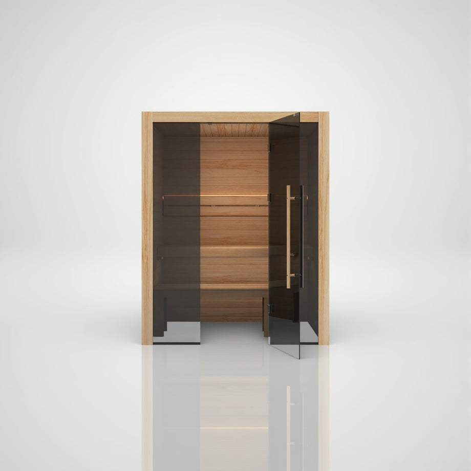 Hekla Traditional 160 sauna in Scandi finish, straight-on front view with door open