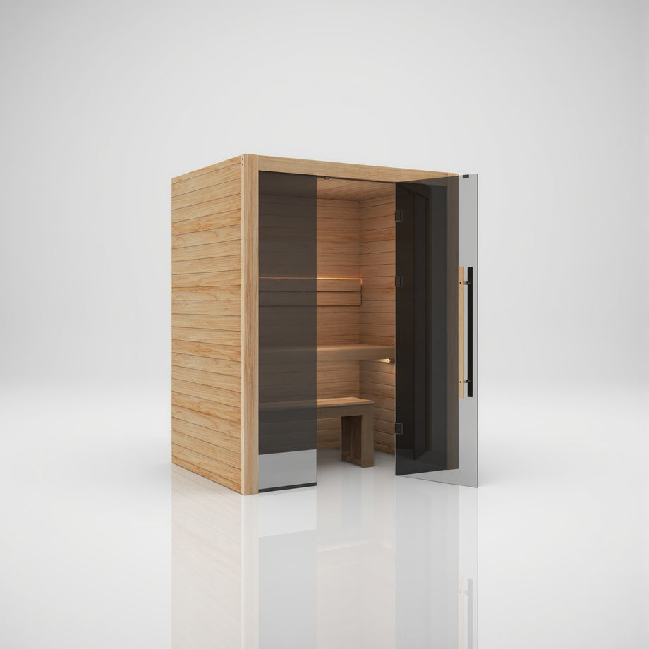 Hekla Traditional 160 sauna in Scandi finish with the door fully open and LED lit benches inside