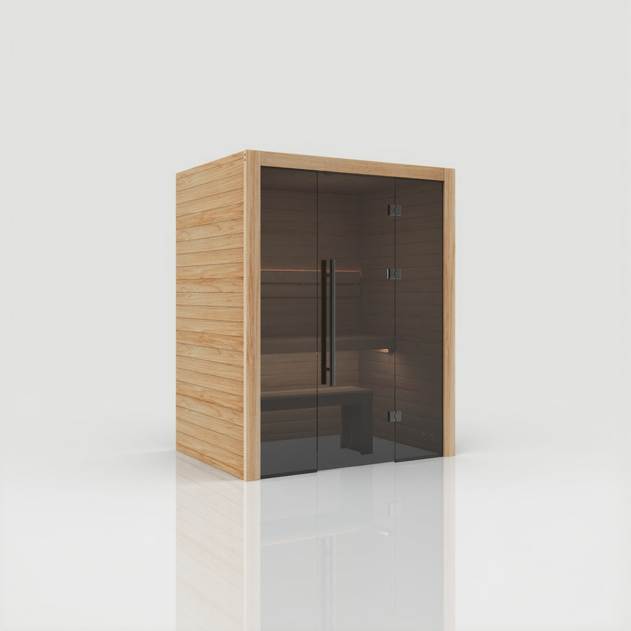 Hekla Traditional 160 sauna in Scandi finish, side angle view with door closed