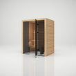 Load image into Gallery viewer, Hekla Traditional 160 sauna in Scandi finish with the glass door part open, showing the timber benches
