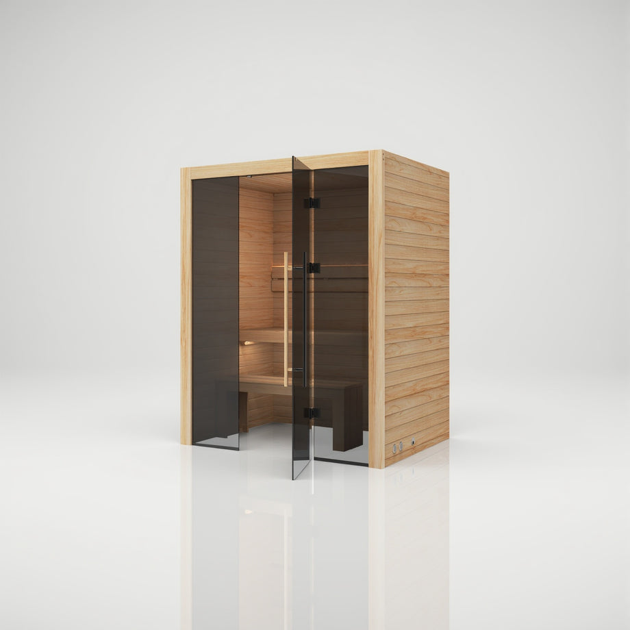 Hekla Traditional 160 sauna in Scandi finish with the glass door part open, showing the timber benches