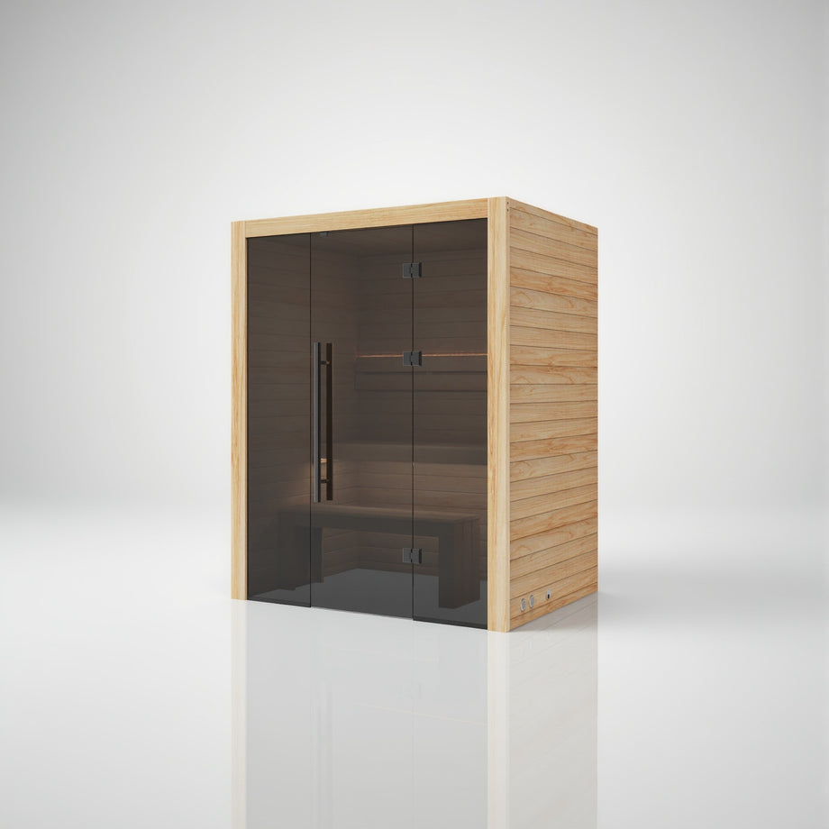 Hekla Traditional 160 indoor sauna in Scandi natural timber finish, angled front view with glass door closed