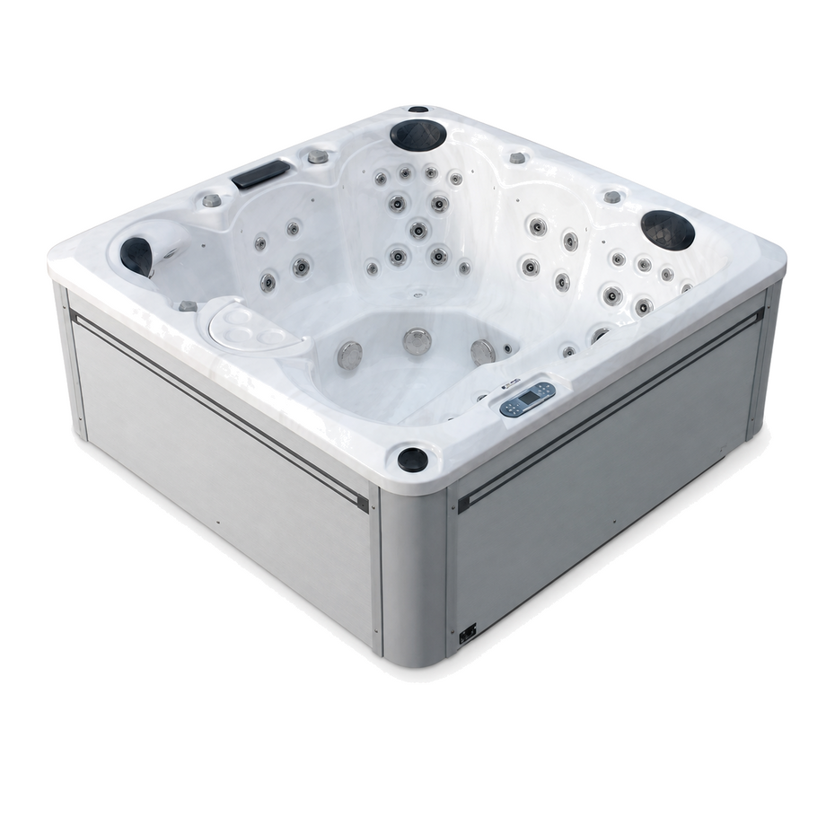 Outdoor Living Haven hot tub in Silver Marble with a Light Grey cabinet - seating and lounger view