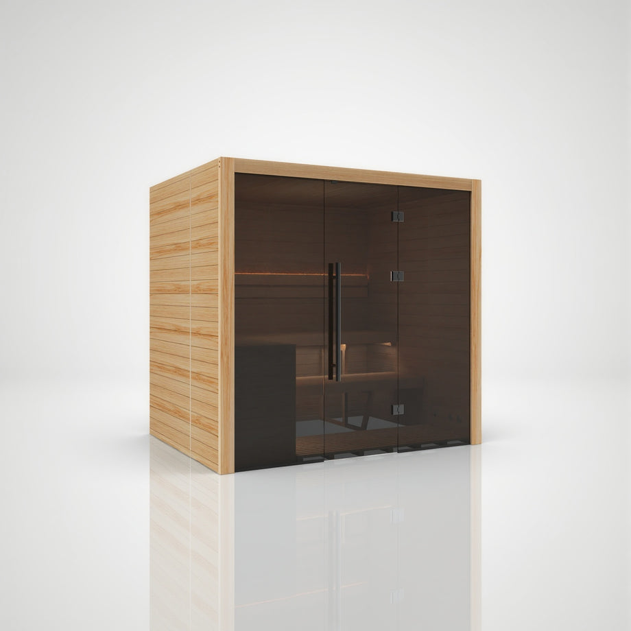 Hekla Traditional 210 sauna in Scandi finish, side angle view with door closed