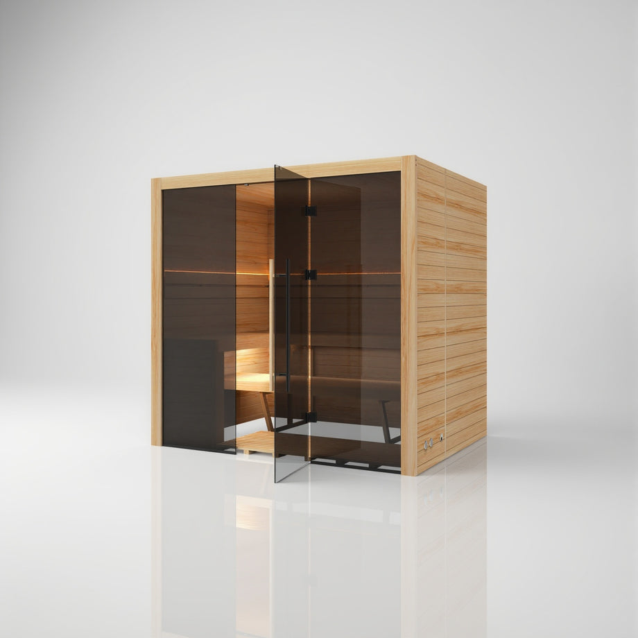Hekla Traditional 210 sauna in Scandi finish with the glass door part open, showing the timber benches