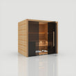 Load image into Gallery viewer, Hekla Traditional 210 sauna in Scandi finish with the door fully open and LED lit benches inside
