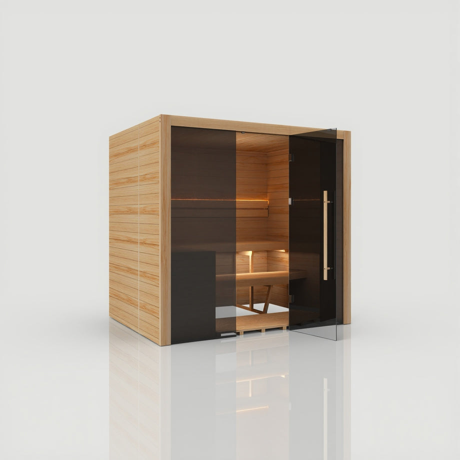 Hekla Traditional 210 sauna in Scandi finish with the door fully open and LED lit benches inside