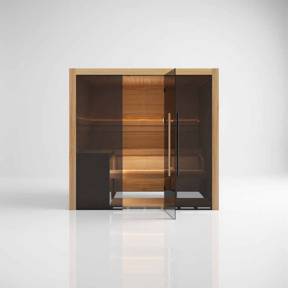 Hekla Traditional 210 sauna in Scandi finish, straight-on front view with door open