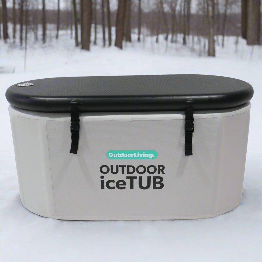 An Outdoor Living IceTUB, which is a white, round ice bath with a black lid and straps, designed for cold therapy.
