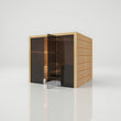 Load image into Gallery viewer, Hekla Traditional 220 sauna in Scandi finish with the glass door part open, showing the timber benches
