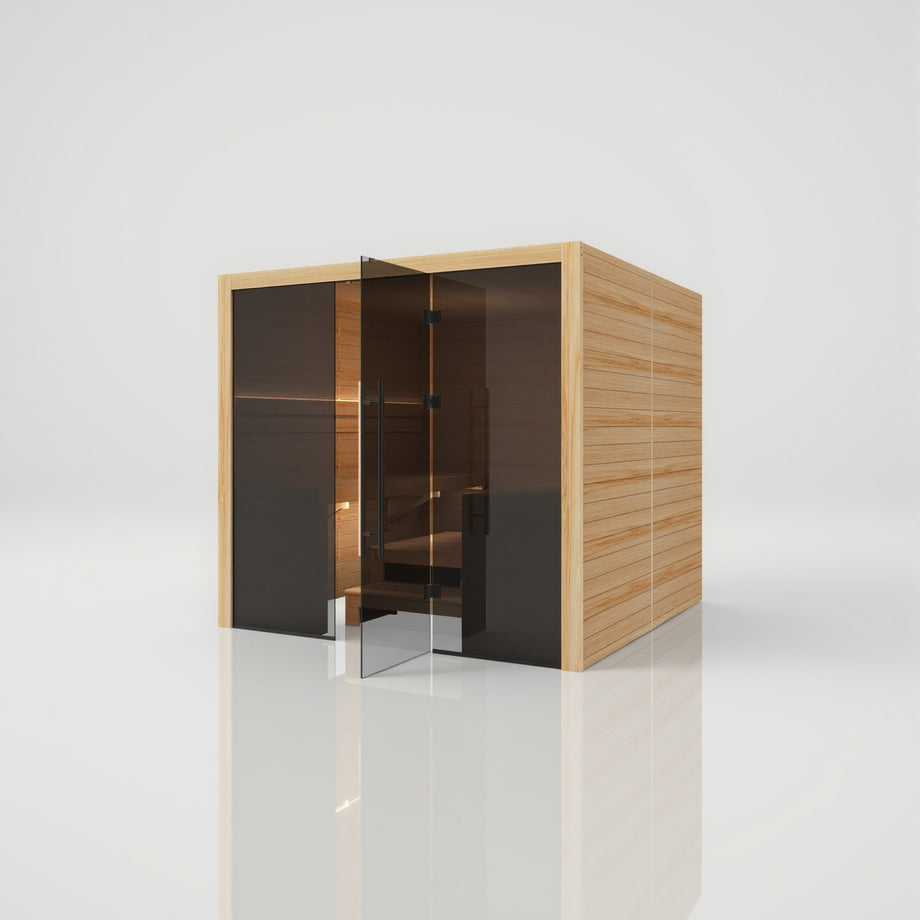 Hekla Traditional 220 sauna in Scandi finish with the glass door part open, showing the timber benches