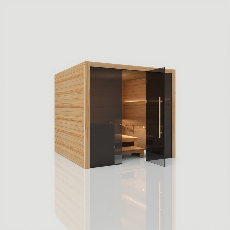 Hekla Traditional 220 sauna in Scandi finish with the door fully open and LED lit benches inside