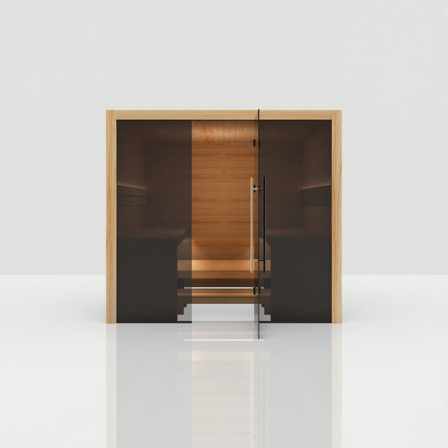 Hekla Traditional 220 sauna in Scandi finish, straight-on front view with door open