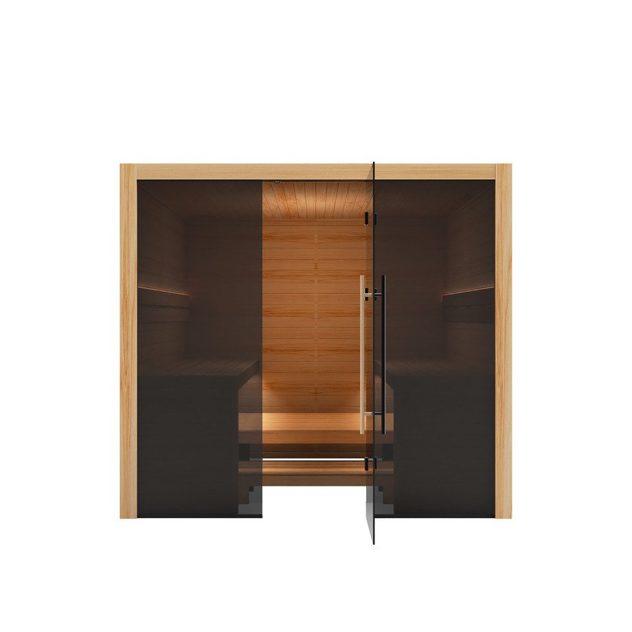 Hekla Traditional 220 sauna in Scandi finish, front cut-out view showing the LED lit benches
