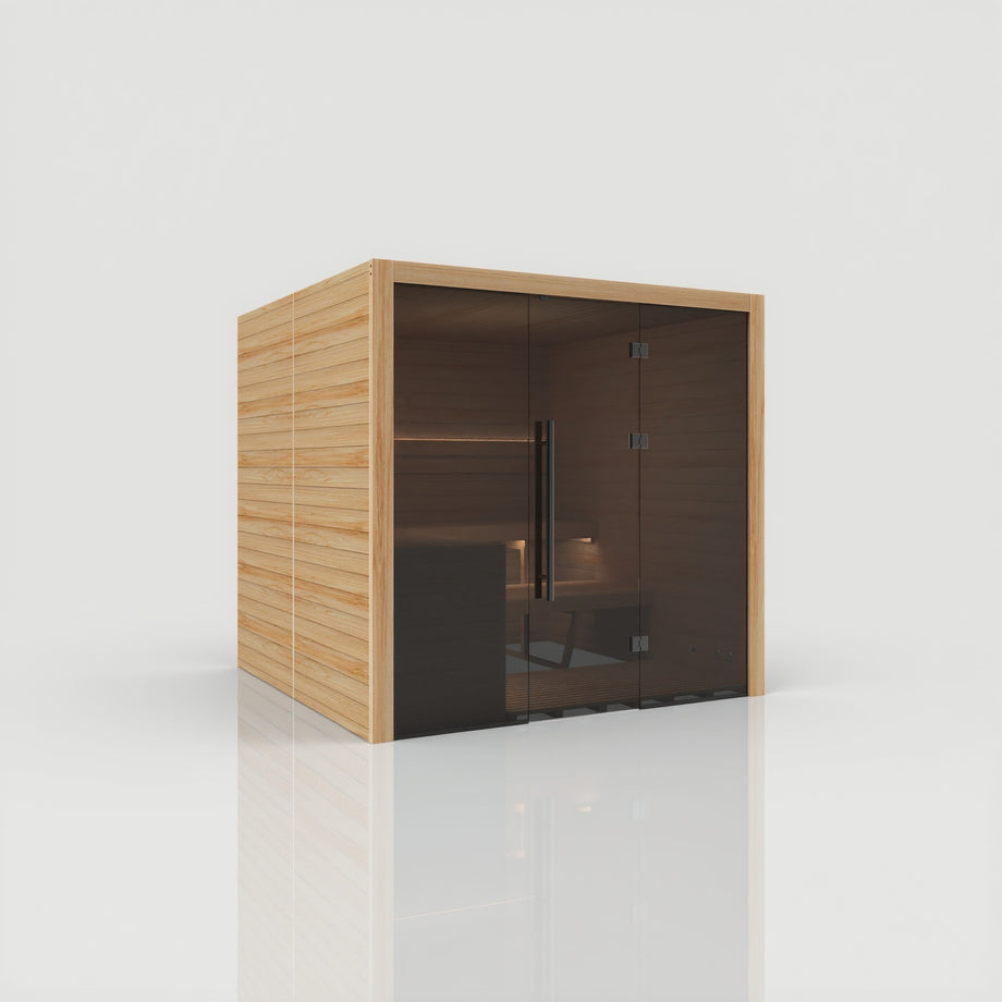 Hekla Traditional 210x sauna in Scandi finish, side angle view with door closed