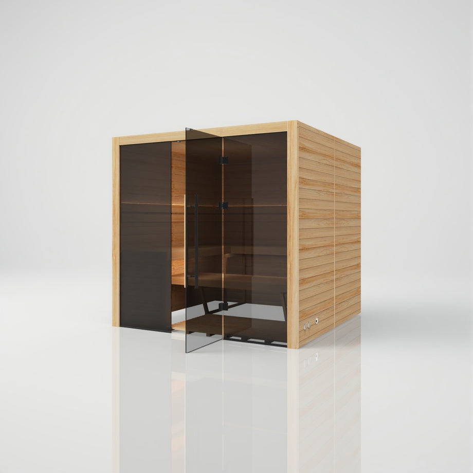 Hekla Traditional 210x sauna in Scandi finish with the glass door part open, showing the timber benches