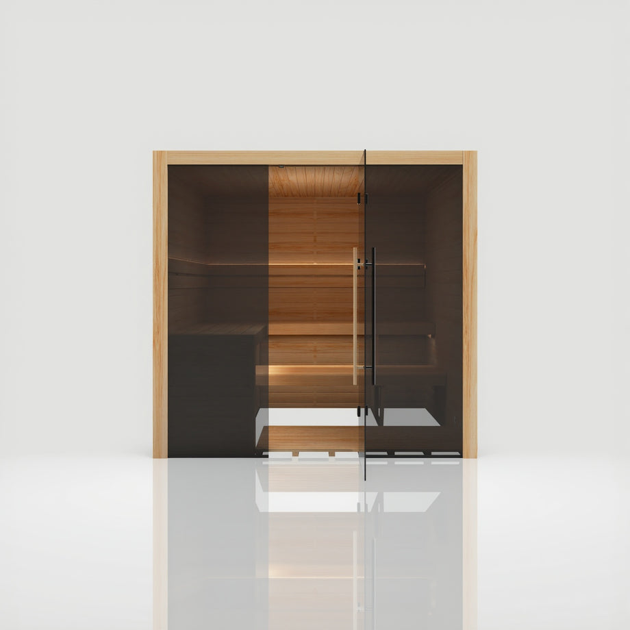 Hekla Traditional 210x sauna in Scandi finish, straight-on front view with door open