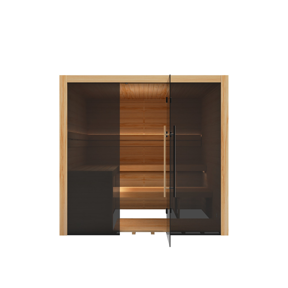 Hekla Traditional 210x sauna in Scandi finish, front cut-out view showing the LED lit benches