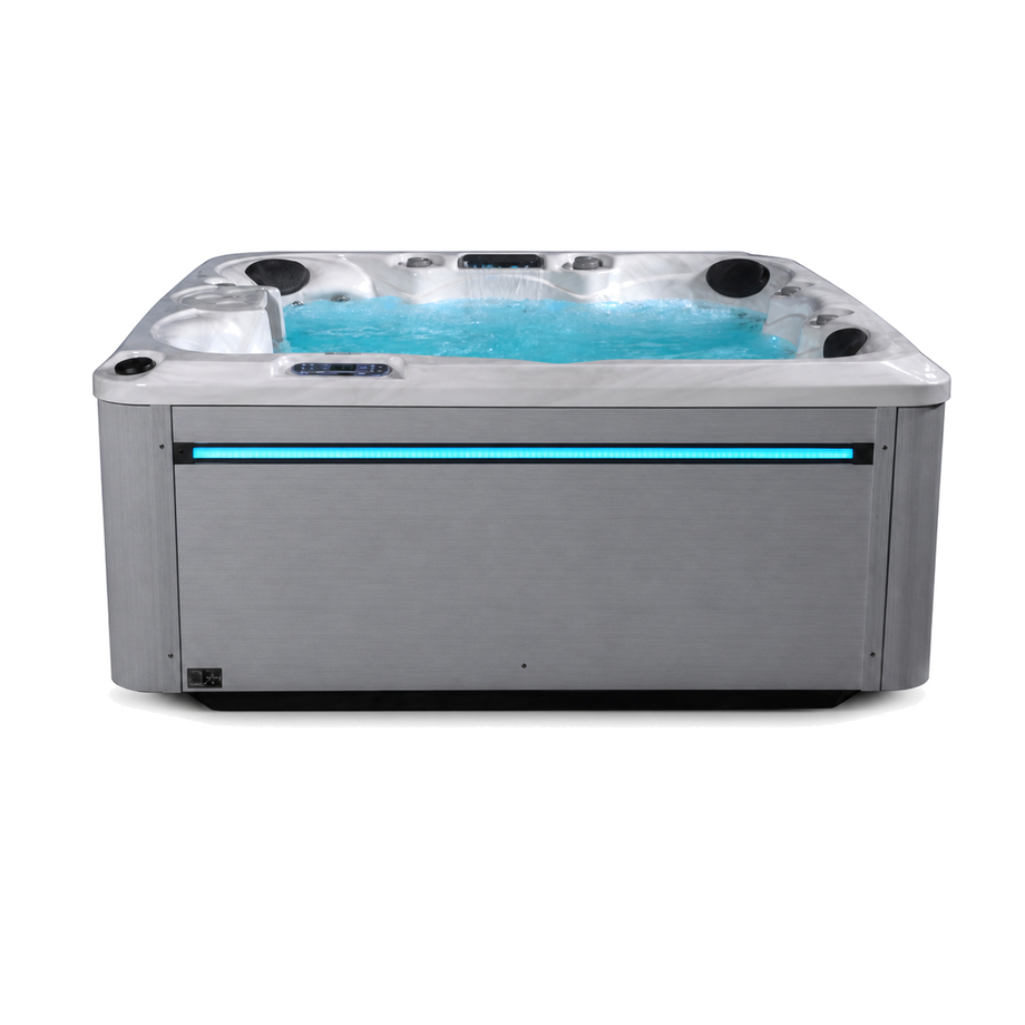 Outdoor Living Haven hot tub in Silver Marble with a Light Grey cabinet - illuminated water-cape exterior