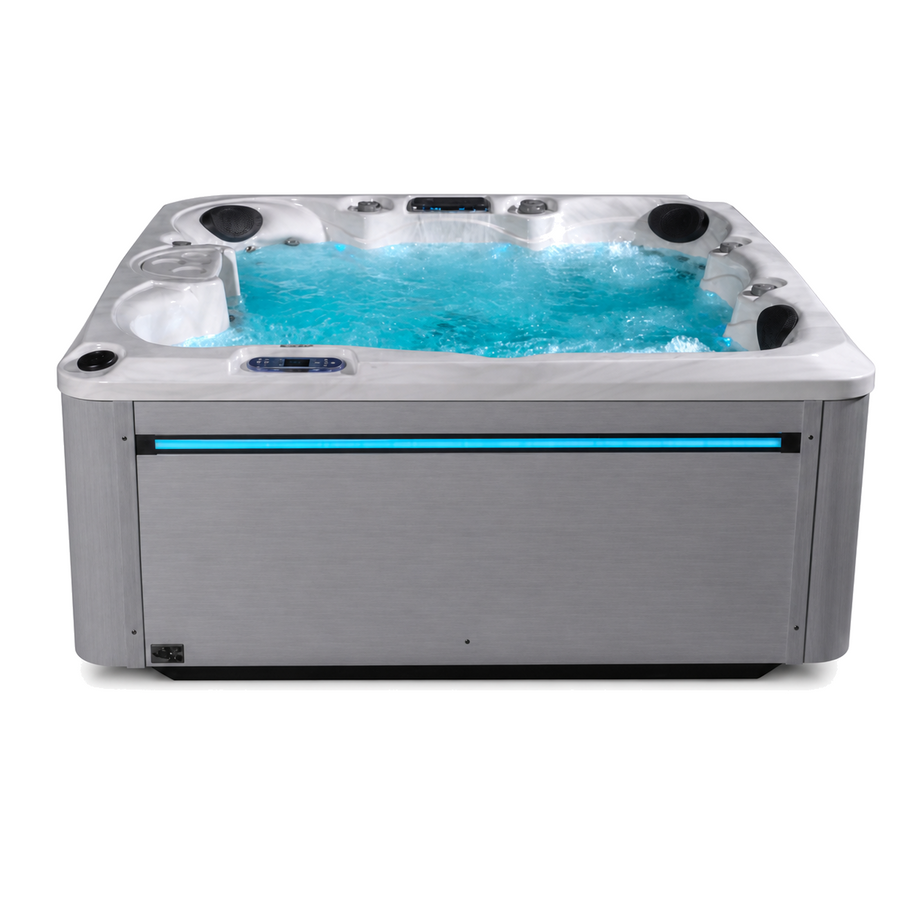 Outdoor Living Haven hot tub in Silver Marble with a Light Grey cabinet - illuminated exterior angle