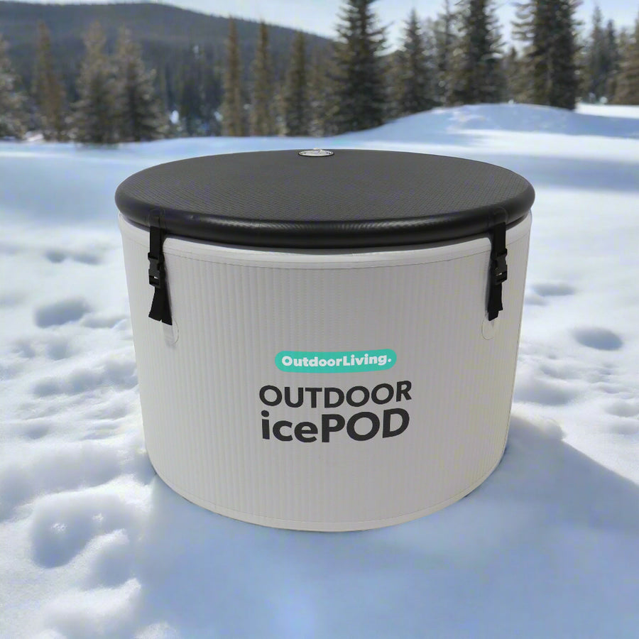 A portable ice bath tub with a black lid and 'Outdoor Living OUTDOOR icePOD' text on the side.