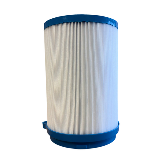 Filter cartridge with blue top and bottom on a white background