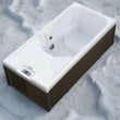 Load image into Gallery viewer, Rectangular bathtub with white interior and dark wooden exterior on a gray background

