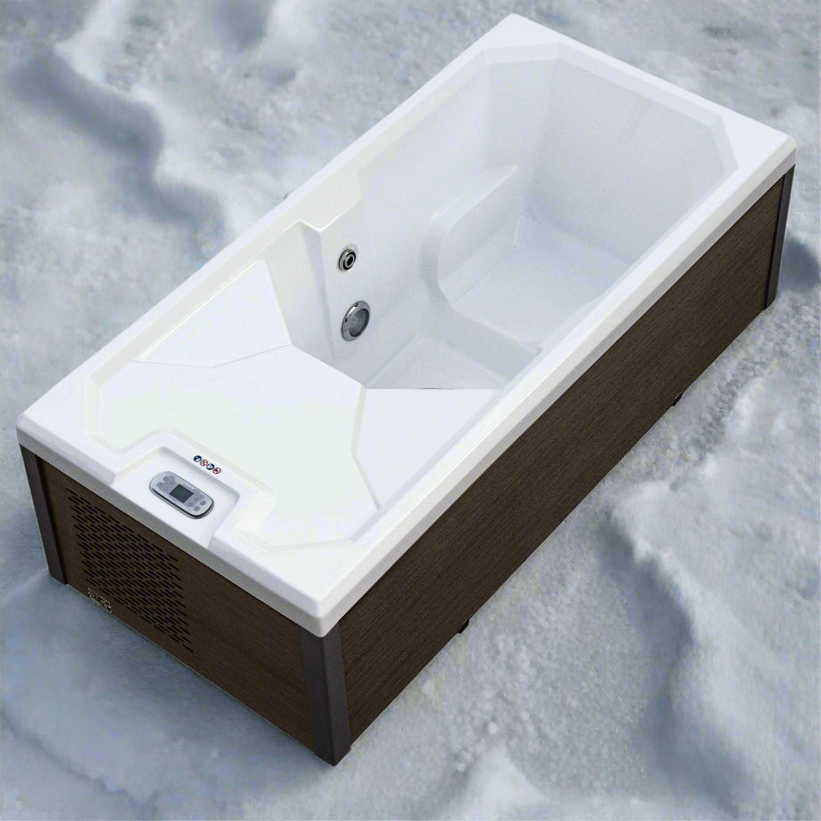 Rectangular bathtub with white interior and dark wooden exterior on a gray background
